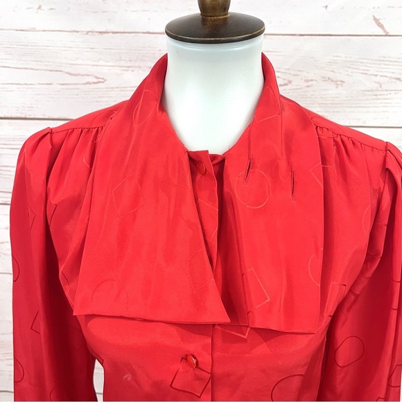 Vintage Le Blouse 80’s 90’s Front Tie Geometric Print Silky Button Up Blouse - Picture 4 of 10